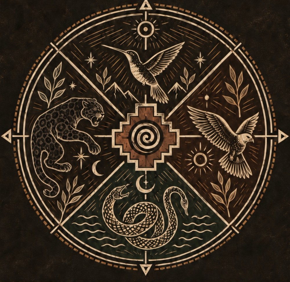 Medicine wheel divided into four directions: hummingbird, eagle, serpent and jaguar around a stepped chakana at the centre